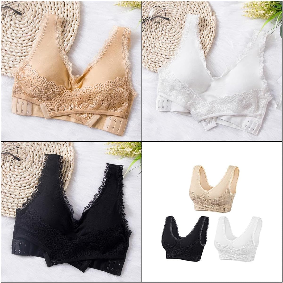 3 Pack Women's Zero Feel Lace Full Coverage Front Closure Bra Wireless  Front Buckle Sleep Bra Bralette For Large Breasts