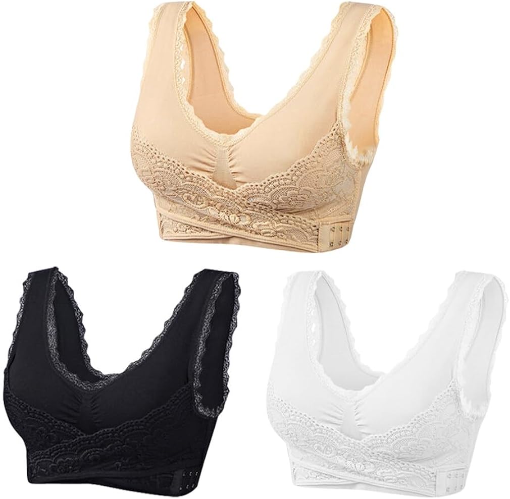 3 Pack Women's Comfort Bra Soft Smoothing Wireless Bra, Front Cross Side  Buckle Lace Full-coverage Wirefree Bra, U Back Shaping & Lifting Bra