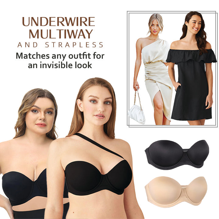  Womens Underwire Contour Multiway Full Coverage Strapless Bra  Plus Size Black Marl 32E