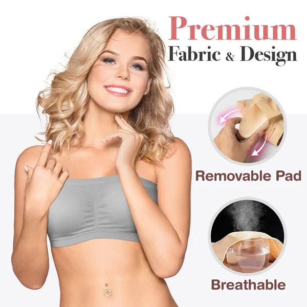 Women's Padded Bandeau Bra, Strapless Removable Pads Tube Tops