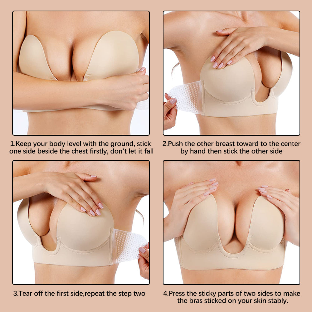Adhesive Bra, Breasts Gathering Deep U Push Up Strapless Bra Soft