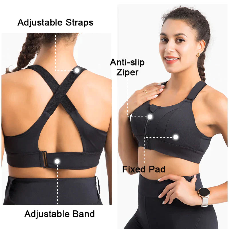 Zip Front Sports Bra Adjustable Straps High Support Medium Impact